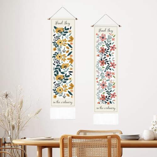 PLIGREAT 2 Packung Boho Blumenteppich Rosa Und Gelbe Blumen Wandbehang Ästhetischer Wandteppich Mit Quasten Vertikaler Langer Schmaler Wandteppich Für Schlafzimmer Wohnzimmer Zuhause Büro Kunstdekor.