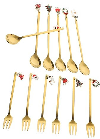 Cabilock Cucharas y Tenedores De Acero Inoxidable Decorativas Para Fiesta Navideña Cucharas Multiusos Para Comer y Tenedores Para Frutas