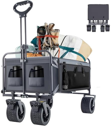 Folding Camping Trolley with All-Terrain Extra Wide Wheels & Brakes, Heavy-Duty Foldable Cart 150KG/330LBS, Large Capacity 100L, Collapsible Festival Wagon for Beach, Garden, Shopping (Grey)