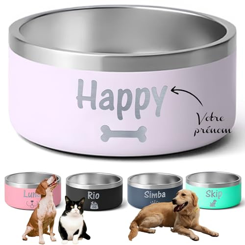 KDO MAGIC - Gamelle personnalisée Violet 32oz Base Antidérapante | Idée cadeau chien, chat, animaux | Grande et petite taille | Bolle personnalisable gravé avec prénom