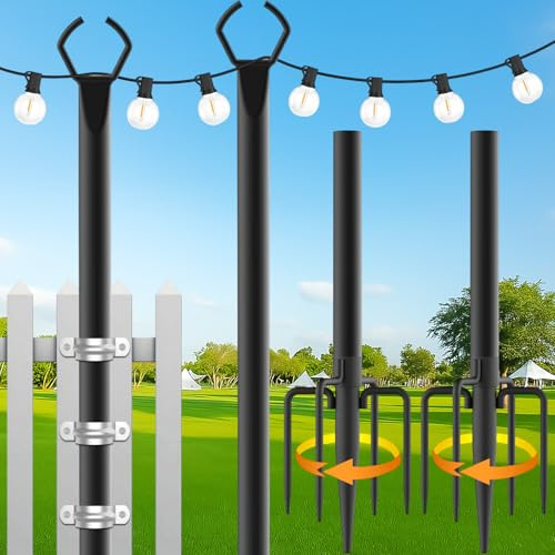 Orifesio 2 Pack Lichterketten Halterung Outdoor, 3M/10FT Lichterkette Stange Außen mit Gabel, String Light Poles, Metallstangen für Draußen, Terrasse, Garten, Deck, Hochzeit, Party, Weihnachten