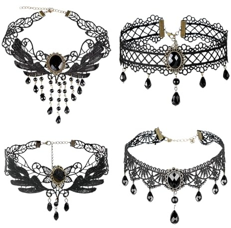 MorLuks 4PCS Gothic Halskette Set, Schwarz Spitze Choker Damen, Vintage Lolita Kostüm Zubehör, Gotisch Choker Halsband, Schwarz Spitze Kette, Gothic Schmuck für Halloween Karneval Maskerade Cosplay