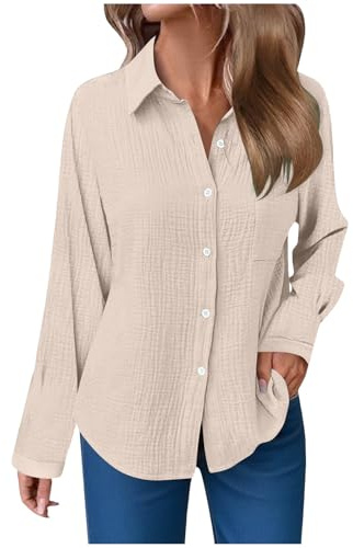 Musselin Bluse Damen Langarm Shirts Oversized Leinenbluse Elegant Einfarbig Leinenhemd Weiche Baumwolle Button-Down Herbst Hemd mit Taschen (02-Beige, M)