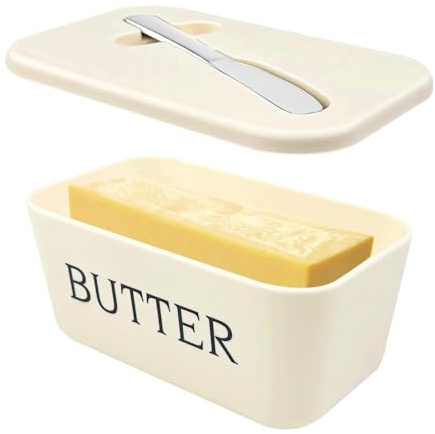 Crynvor Beurrier en Plastique, Boîte à Beurre avec Couvercle et Couteau, Conteneur pour Placer du Beurre du Fromage Fruit Salade, pour Réfrigérateur, Lave-vaisselle, (Blanc)