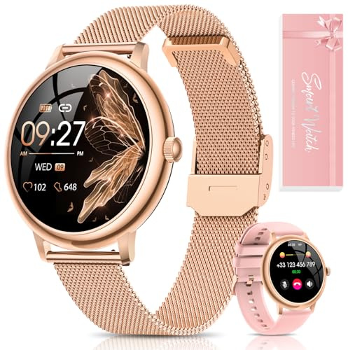 RUXINGX Montre Connectée Femme, Petite Ronde Écran Tactile AMOLED 1,19 avec Appel, Fonction Féminine Sommeil Fréquence Cardiaque SpO2 120+ Modes Sport Podometre IP68 Calories, Android iOS Or Cadeau