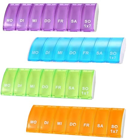 4 Stück Tablettenbox 7 Tage, Pillendose 7 Tage für Vitamine, Nahrungsergänzungsmittel und Medikamente, Medikamentenbox 7 Tage für Unterwegs Aufbewahrung ﻿