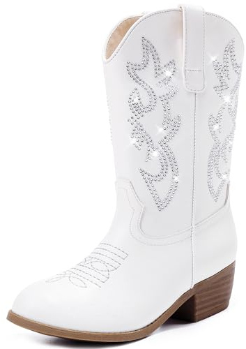 LAURMOSA Kids Cowboy Boots for Girls Cowboy Boots for Kids White Cowgirl Boot Size 3 Western Mid Calf Sparkly Rhinestone Zipper Cow Girl Big Kid Party Country Riding Easter Church (UKL1030RhWhite 3)