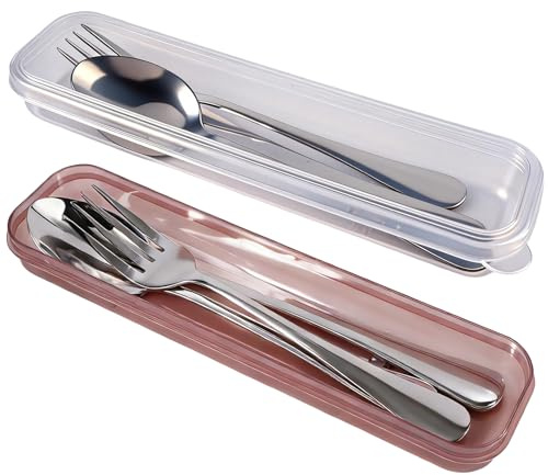 2 Piezas 4 en 1 Cubiertos para Llevar con Estuche,8 Piezas Cubiertos Camping de Acero Inoxidable con Cuchara, Cuchillo, Tenedor, Lavables a Máquina, para Fiambreras, Viajes, Camping