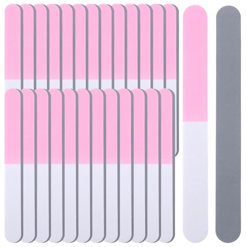 WJIAAA 25 limas pulidoras para uñas naturales, 3 caras, grano 600/1200/3000, bloques de lima de uñas EVA para uñas naturales acrílicas, uso en salón de belleza (blanco/rosa/gris, 7,01 x 0,75 pulgadas)