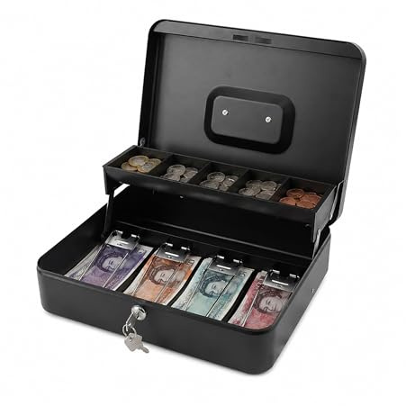Heavy Duty Lockable Cash Box with Key – Metal Money Tin with Fixed Coin Tray for Secure Cash Storage, Ideal for Home, Office, Schools & Events, 30 x 24 x 9 cm Black