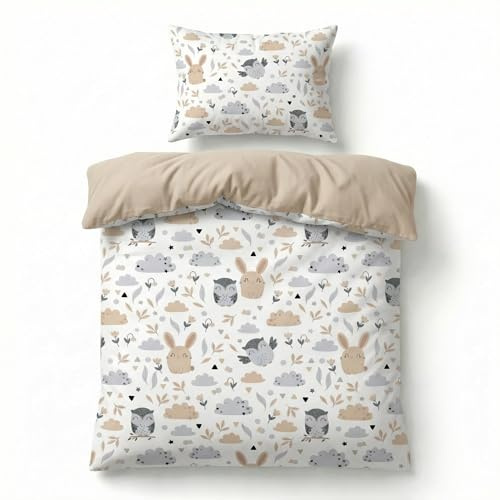 BabySafe Påslakanset Juniorsäng 135x100 cm | Påslakan och Örngott 100% Bomull Oeko-Tex | Avtagbart Bäddset Baby, Mjukt och Andningsbart, Dragkedja, Ugglor