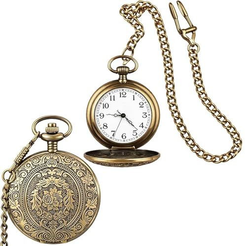 ZYLOUY 1 Pcs Taschenuhr Mit Kette Herren, Antik Messing Gehäuse 4.7cm Durchmesser Mit 37.5cm Kette, Hochwertige Klappdeckel-Taschenuhr, Elegante Accessoires Für Formelle Anlässe