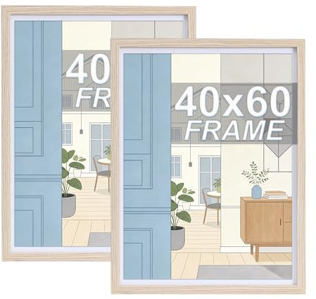 LYYYYX Marco de foto 40x60 cm, madera beige, vidrio acrílico, pack 2 | Marco de madera grande, estrecho y delgado, se puede colgar horizontal o vertical, para fotos, puzles, pósters y collages.