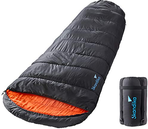 Skandika Schlafsack Vegas XXL Mumienschlafsack mit/ohne Polycotton Innenfutter, für Erwachsene, Doppelschlafsack, 3 Jahreszeiten, bis -12°C, 220 x 110 cm Camping Wandern (Schwarz/Orange | RV Links)