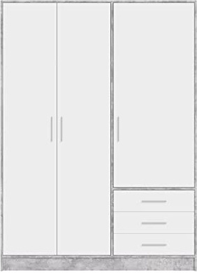 FORTE Jupiter Schrank 140 150, Kleiderschrank, Drehtürenschrank, 3-türig, mit 3 Schubladen und Einlegeböden, Betonoptik Grau und Weiß, 145 breit x 60 tief x 200 hoch cm,