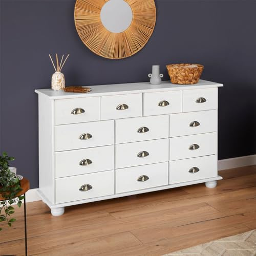IDIMEX Commode Chambre Colmar L 117 cm 11 tiroirs en Bois Massif Blanc chiffonnier apothicaire Rangement avec poignées en métal