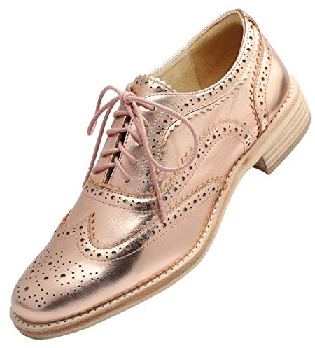 Women's Oxford Shoes Lether Metallic Rose Gold Full Brogue Perforated Lace Up Wingtips Vintage Casual Flats Size 6.5