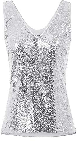 Donna canotta Top con collo carino decorato con Pieghetta slim sexy Argento L