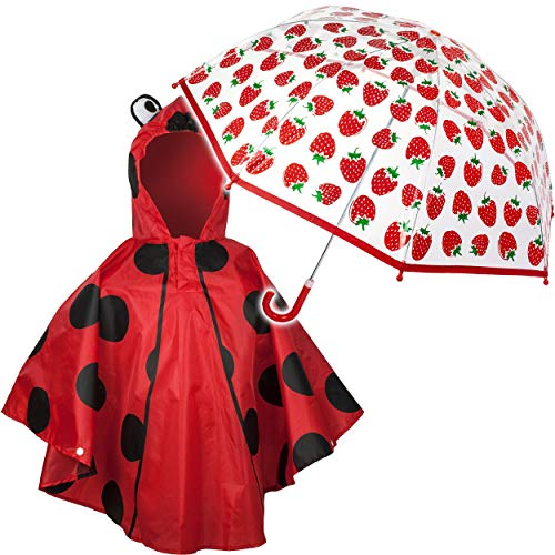 alles-meine.de GmbH 2 TLG. Set: Regenschirm + 3D Effekt - Regenponcho - Erdbeere & Marienkäfer - Kinderschirm - Ø 76 cm - durchsichtig & durchscheinend - transparent - Regencape ..