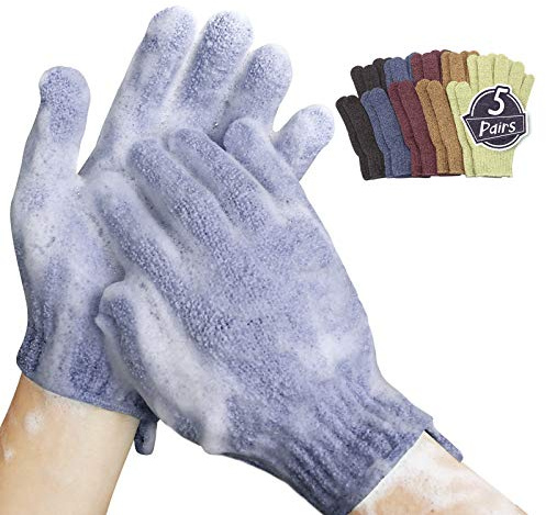 MIG4U Shower Exfoliating Scrub Gloves Medium to Heavy Bathing Gloves Body Wash Dead Skin Removal Deep Cleansing mitts for Women and Men 5 Pairs 5 Colors