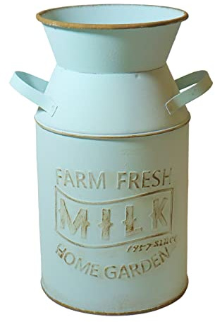 Fauevav Galvanized Milk Can Antique Retro Vase Metal Planter Rustic Vintage Primitive Flower Holder Farmhouse Country Plant for Home Office Decor, 7.6” Blue-Green