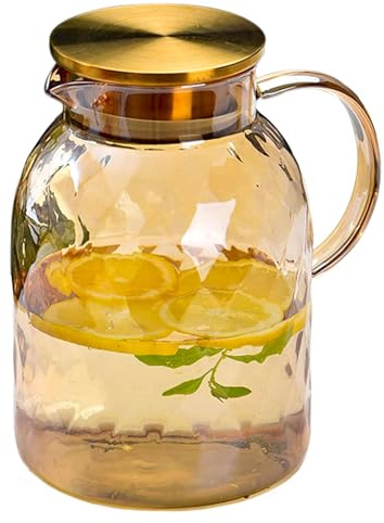 AEFPOYMXU 62oz Glass Pitcher with Lid - Amber Borosilicate Water Carafe, Heat Resistant Vintage Jug for Iced Tea, Juice, Lemonade (1.8L)
