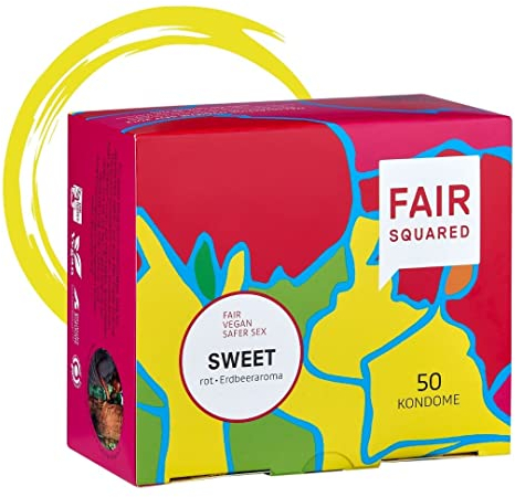 FAIR SQUARED 50 Stück Kondome Erdbeer Sweet – Kondome Erdbeergeschmack – vegane Kondome – Naturkautschuk nachhaltig & fair – LGBTQ – Kondome gefühlsecht hauchzart – Kondome vegan…