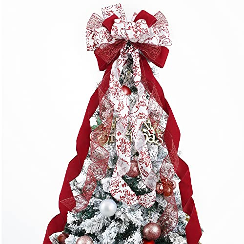 MEEDEE Red Bows Christmas Decorations Large Red Christmas Bow 12 Wide Red Velvet Christmas Bows Red and White Christmas Tree Topper Red Christmas Bows Red Bows for Christmas Tree (1 Pack)