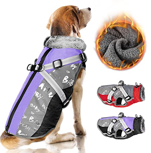 Nasjac Winter Hundemantel mit abnehmbarem Geschirr, wasserdichte Fleece warm hundejacke für kleine mittlere große Hunde, reflektierende einstellbare pelzige Hundekleidung Outdoor Hunter Weste