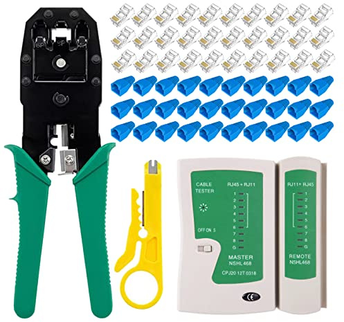 WEETOTUNG Kit de herramientas de cable de red RJ45, incluyendo 30 conectores RJ45 Cat6, 30 cubiertas RJ45, 1 probador de cables y 1 crimpadora de producto principal