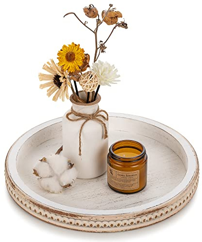 Hanobe Round Wooden Decorative Tray: White Washed Bead Tray Decor for Coffee Table Centerpiece Rustic Farmhouse Tray for Kitchen Counter Living Room Decoration