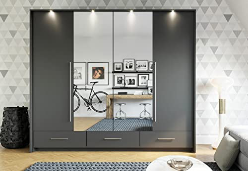 ML Furniture Ltd Kleiderschrank Toledo mit Spiegel 255 cm, Garderobeschrank Schlafzimmer; Wohnzimmerschrank; Korpus Schrank Farbe: Graphit; Farbe der Schrankfront: Graphit; Mehrzweckschrank