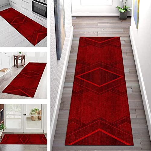 Läufer Teppich Flur Küche rutschfest Waschbar Rot Korridor Teppichmatten 60X400CM 3D Türmattenteppich Küchenläufer Lang Modern Teppichläufer Schlafzimmer Meterware Eingang Wohnzimmer Flurläufer