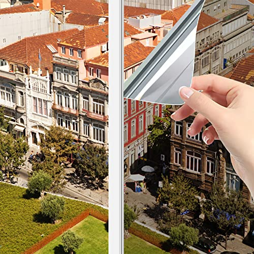 OFHome Spiegelfolie Selbstklebend Sichtschutz, Fensterfolie Blickdicht von Aussen, tönungsfolie selbstklebend UV-Schutz Sonnenschutzfolie, Wärmeisolierung mit Kleber, Silber, 30x200cm