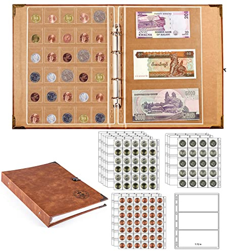 Ettonsun 398-Pocket 4-in-1 Leather Coin & Paper Money Collecting Holder Album,Large Coin Collection Book with 386 Coin Pockets & 12 Currency Pockets,Coin Collection Supplies Book Holder for Collectors