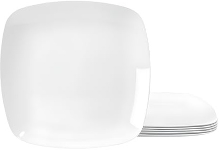 TP 10.5 Melamine Square Dinner Plates, 6-piece Plate Set Unbreakable Serving Dishes for Indoors and Outdoors, Unbreakable Dinner Service for 6 (White)