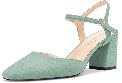 NobleOnly Mujer Medio Chunky Ancho Heel Cerrado el Dedo del pie Cuadrada Punta Slingback Correa Tobillo Sandalias Fiesta Dress Zapatos 6.5 CM Heels Verde Claro 40 EU