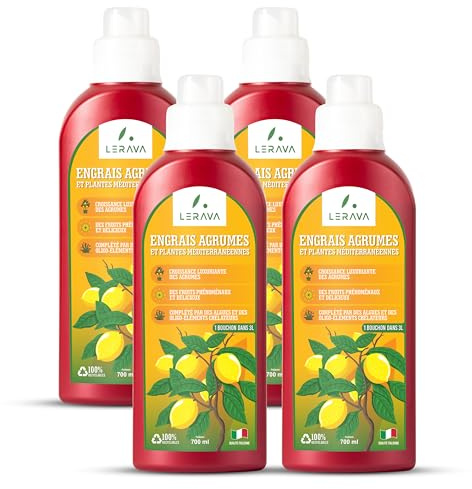 LERAVA® zitrusdünger flüssig - 4x700ml mit Dosierkappe - zitruspflanzendünger für üppiges Wachstum mit gesunden, saftigen Früchten - mit chelatierten Spurenelemente - Flüssigdünger “Made in Italy”