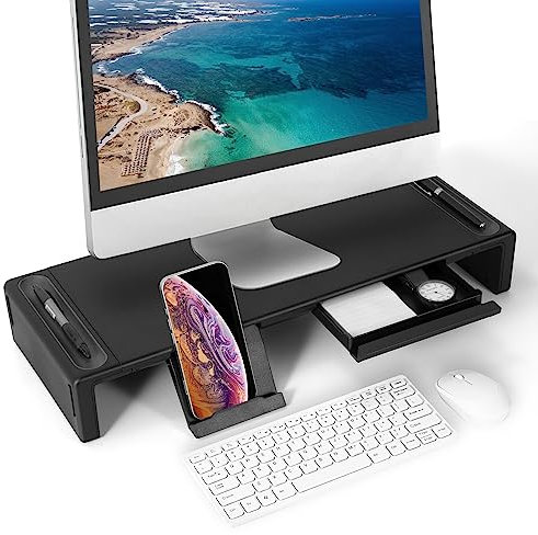 JEBELE Monitorständer,faltbar Monitor stand,Breite höhenverstellbar Computer Stand, Desk Organizer mit Storage-Schublade Stift Slot Telefon Tablet Stand für Computer Desktop,Schwarz