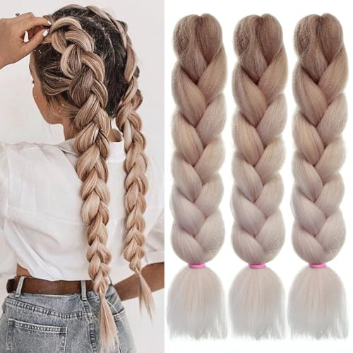 EMMOR Jumbo Flechthaarverlängerungen, 24 Zoll, hochtemperaturbeständige synthetische Fasern, 3 Stück vorgedehnte Box Braids Flechthaare, Twist-Zöpfe, Häkeln mit (Ombre Hellbraun)