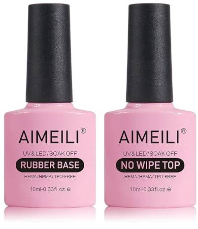 AIMEILI 4-in-1 Gummi-Basisgel- und Überlack-Set für Nägel, 2 x 10 ml Soak-Off-UV-LED-Gel-Nagellack, glänzend, langanhaltend