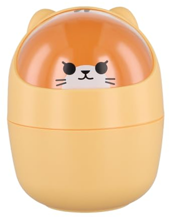 Desktop Trash Can with Lid, Cute Mini Desk Bin, Plastic Garbage Bin for Office Bedroom, Small Cartoon Bear Flip-Type Dustbin, Removable Pen Holder (Orange)