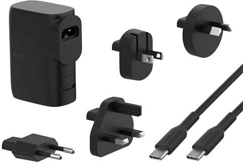Belkin BoostCharge Hybrid Wall Charger 25W + Power Bank 5000mAh, 2-in-1 Portable Charger with USB-C PD3.0 Port & USB-A Port, Dual-Port Battery Pack, USB-C Charger, USB Plug + C to C Cable
