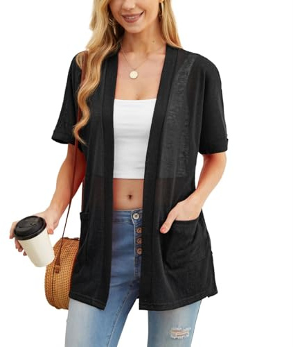 PrinStory Cardigan da donna leggero a maniche corte cardigan estivo da donna con tasca causale aperto frontale scollo a V capispalla