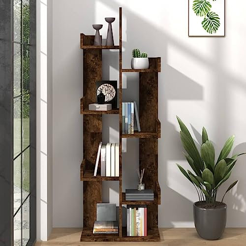 Homvdxl Baum-Bücherregal, doppeltes breites Bücherregal, Bücherregal für Wohnzimmer, Schlafzimmer, bodenstehend, Zeitschriften, CD-Organizer, Regal für Heimbüro (Eiche)