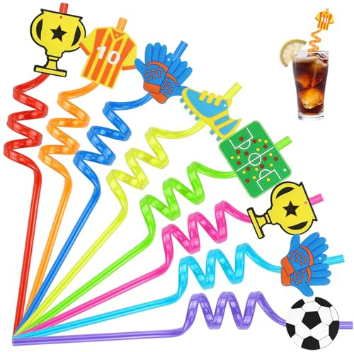 Cocktail Strohhalme Trinkhalme Plastik Dicke Plastikstrohhalme mit Knick 16 Stück Trinkröhrchen Wiederverwendbar Straws Fussball Party Deko Strohalme Kunststoff für Kinder Erwachsene (Fussball)