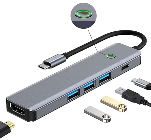 KUTEWEU Hub USB C con Botón de Apagado de Pantalla, 5 en 1 Adaptador multipuerto con HDMI 4K@30Hz, 3 x USB 3.0 y USB C 2.0, PD 100W Compatible con MacBook/Portátiles y Otros Dispositivos (5 in 1 HUB)