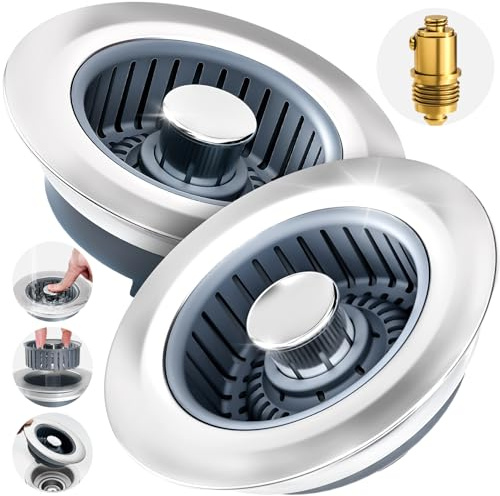 zaa 2 Pack 3 in1 Kitchen Sink Drain Strainer & Sink Stopper, Pop Up Stainless Steel Kitchen Drain Plug & Cover with Anti-Clogging Basket Strainer, Fit US Standard 3-1/2'' Drain Hole