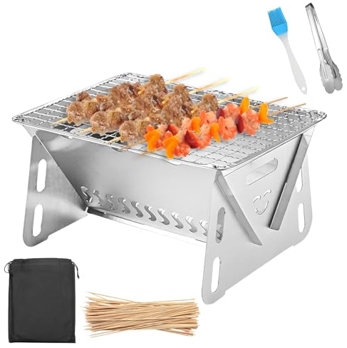 Barbecue A Carbonella Portatile,20 * 17.5 * 11cm BBQ Grill Pieghevole,Barbecue Pieghevole Da Campeggio Con Clip,Pennello,Barbecue Portatile A Carbonella Per Esterni,Terrazze,Campeggi