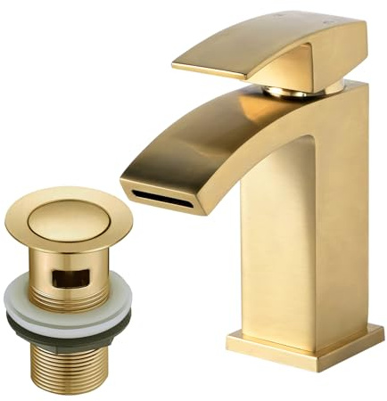 Wasserfall Waschbeckenarmaturen mit Ablaufgarnitur, BATHWEST Quadratische Waschtischarmaturen mit Pop-Up-Ablaufgarnitur, Monoblock-Messing-Badezimmerarmaturen mit Waschbeckenstöpsel 322WP (Gold, Groß)